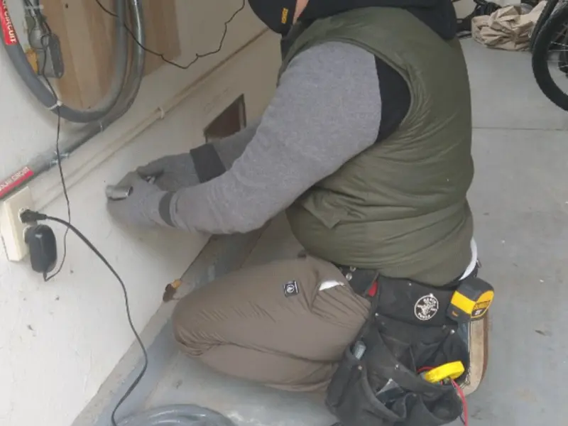 Electrician performing outlet wiring in a Brookside garage